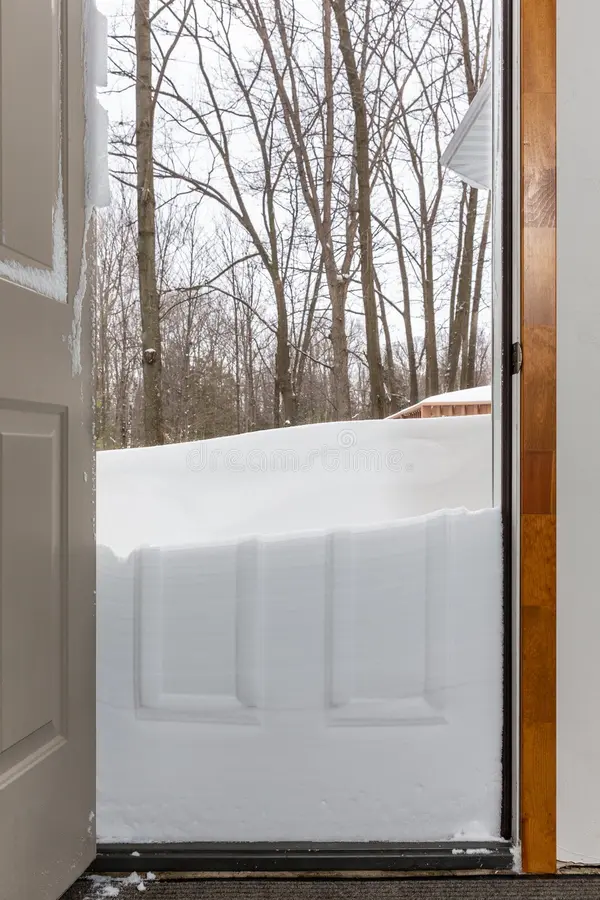 open door leading to blanket deep snow imprint door seen snow outdoor winter woodland scene open door 138158074